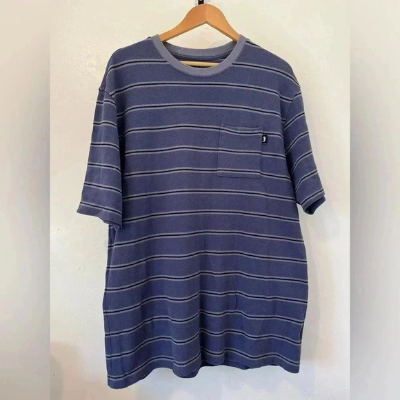 STUSSY PEAK STRIPE T-SHIRT NAVY SIZE 2XL MENS FRONT POCKET‎ RETRO LOOK - Picture 3 of 10